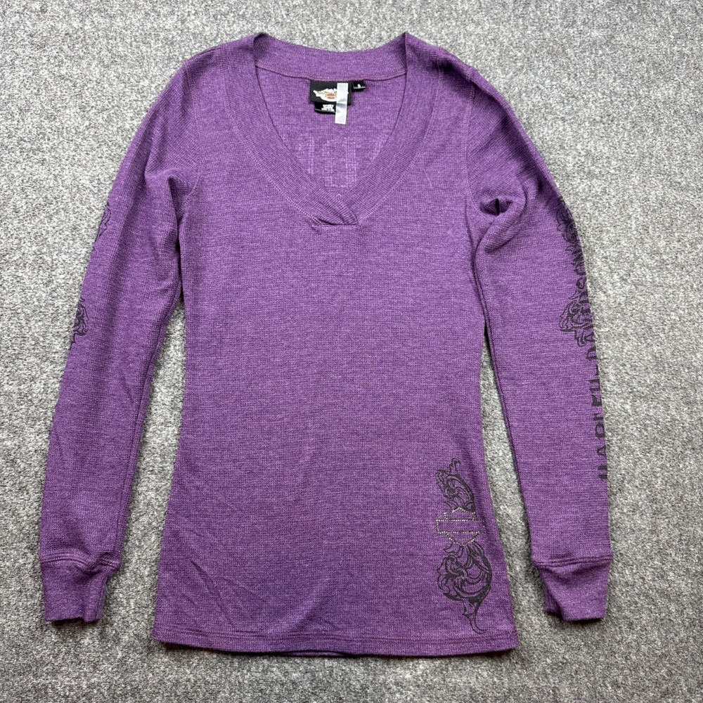 Harley-Davidson Women's Thermal Long Sleeve V-Neck Rhinestone Graphic Purple Top